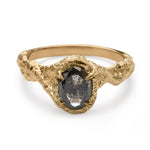 18ct Gold Sculptural Engagement Ring with Dark Salt & Pepper Oval Diamond and Twisted Vine-Like Shoulders