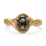 Salt & Pepper Oval Diamond and 18ct Yellow Gold Engagement Ring with Sculptural Twisted Vine-Like Shoulder Detail